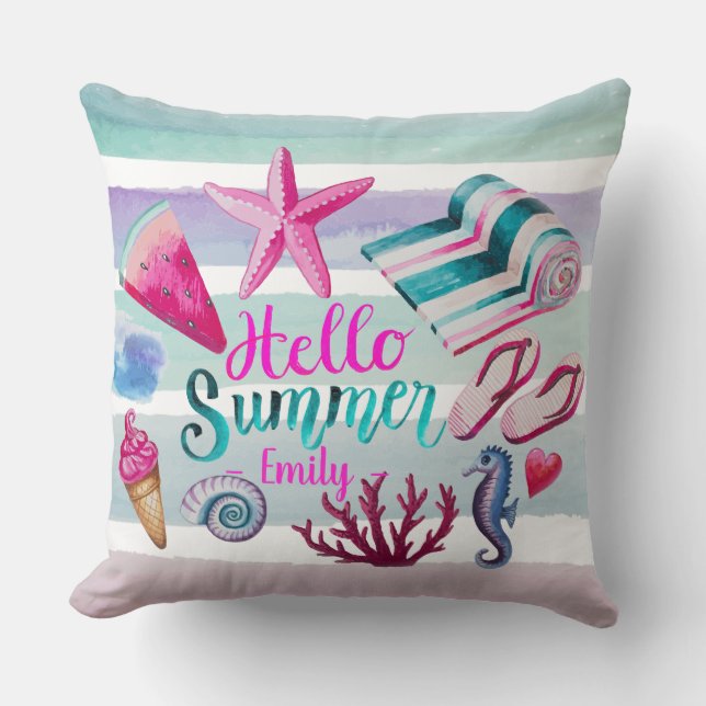 Watercolor Hallo Sommer Mongram Beach Streifen Kissen (Vorderseite)