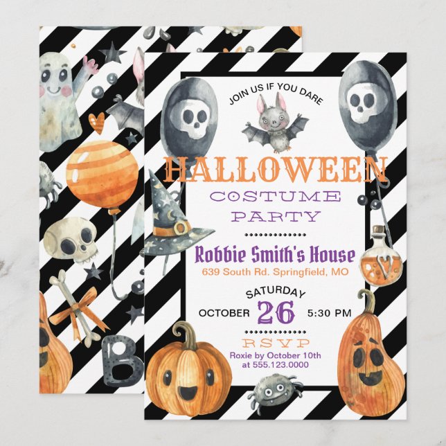 Watercolor-Halloween-Kostüm-Party Einladung (Vorne/Hinten)