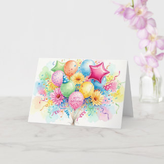 Watercolor Happy Birthday Balloons & Flowers Karte