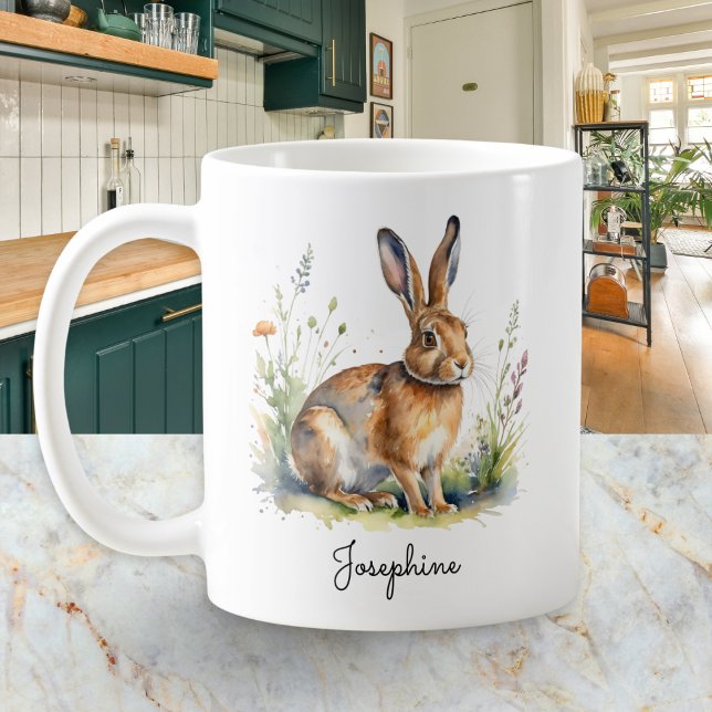 Watercolor Hare Country Wildlife Personalized Kaffeetasse (A personalized coffee mug, featuring a picture of a hare with meadow flowers in a watercolor style)