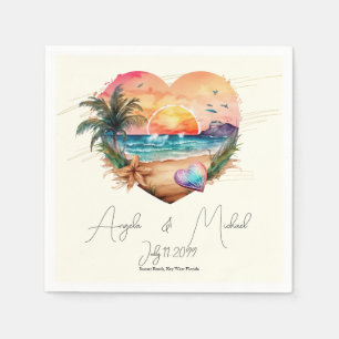 Watercolor Hawaii Beach Sunset Heart Wedding Serviette
