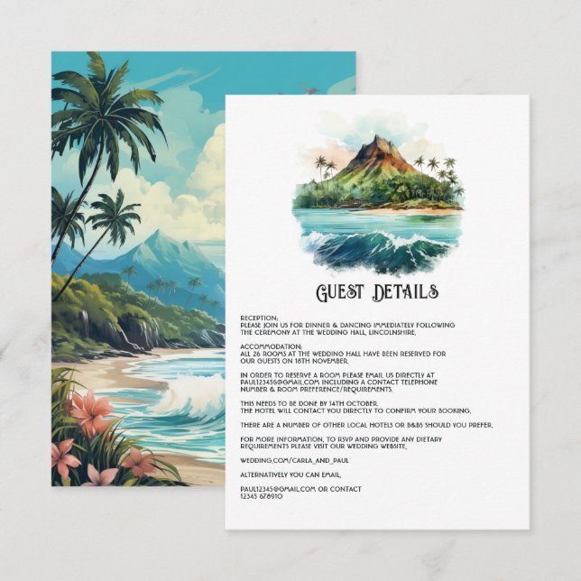Watercolor Hawaii Wedding Guest Details Begleitkarte (Vorne/Hinten)