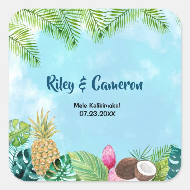 Watercolor Hawaiian Luau Party Vielen Dank Quadratischer Aufkleber (Vorderseite)