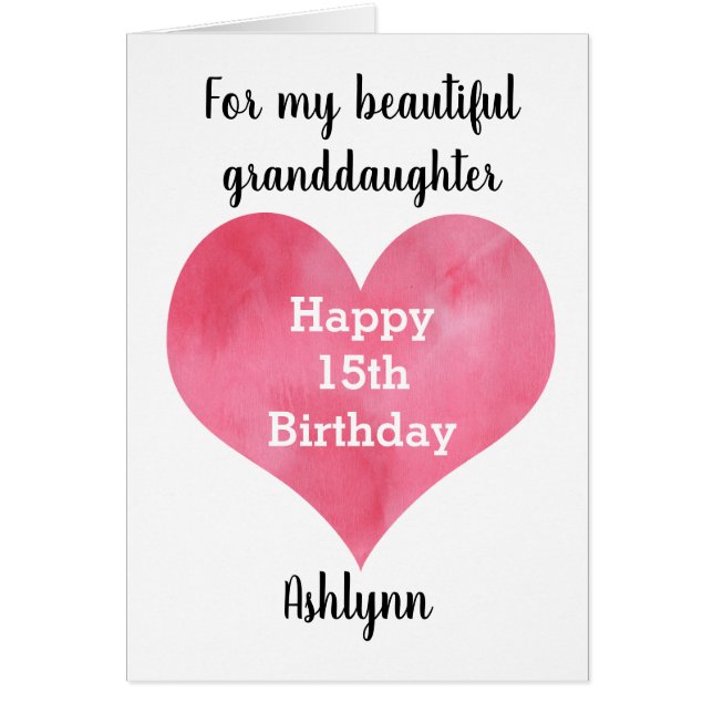 Watercolor Heart 15e Birthday Granddaughter (Devant)