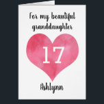 Watercolor Heart 17th Birthday Granddaughter<br><div class="desc">A personalized birthday granddaughter card that features a watercolor heart, which you can personalize with her age and add her name underneath the heart. The inside card message reads "I hope that today and every day is filled with lots of love, laughter & fun. Happy 17th Birthday!" The birthday message...</div>