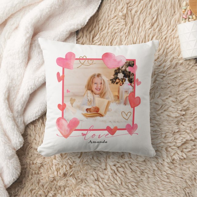 Watercolor Heart Frame Foto Valentine Kissen (Decke)
