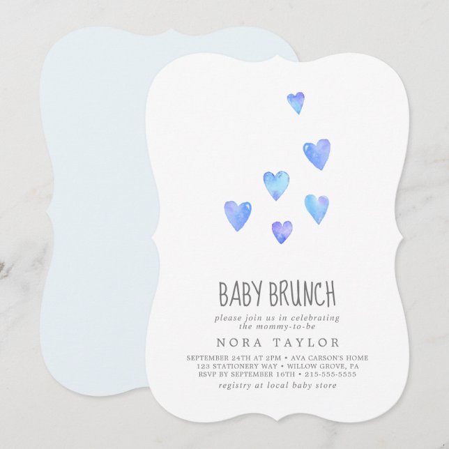 Watercolor Hearts Boy Baby Brunch Einladung (Vorne/Hinten)