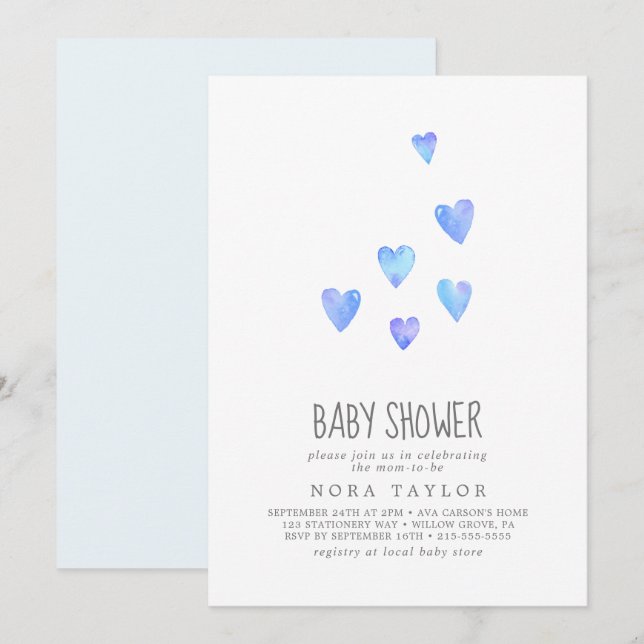Watercolor Hearts Boy Baby shower Invitation (Devant / Derrière)