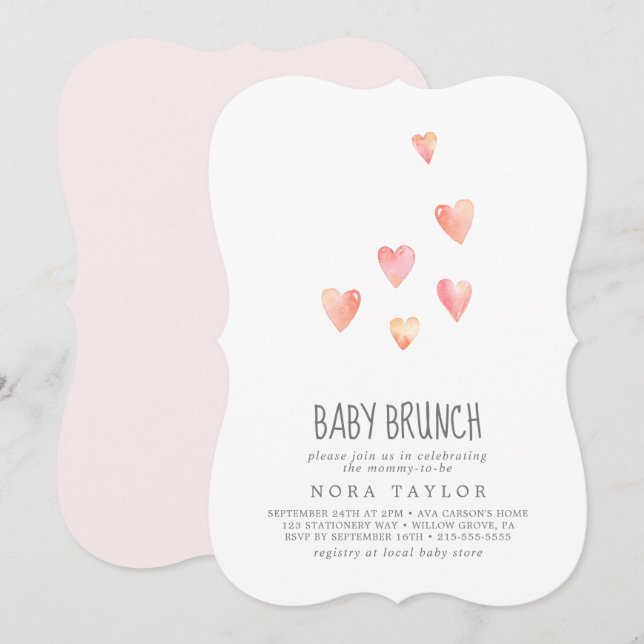 Watercolor Hearts Girl Baby Brunch Einladung (Vorne/Hinten)