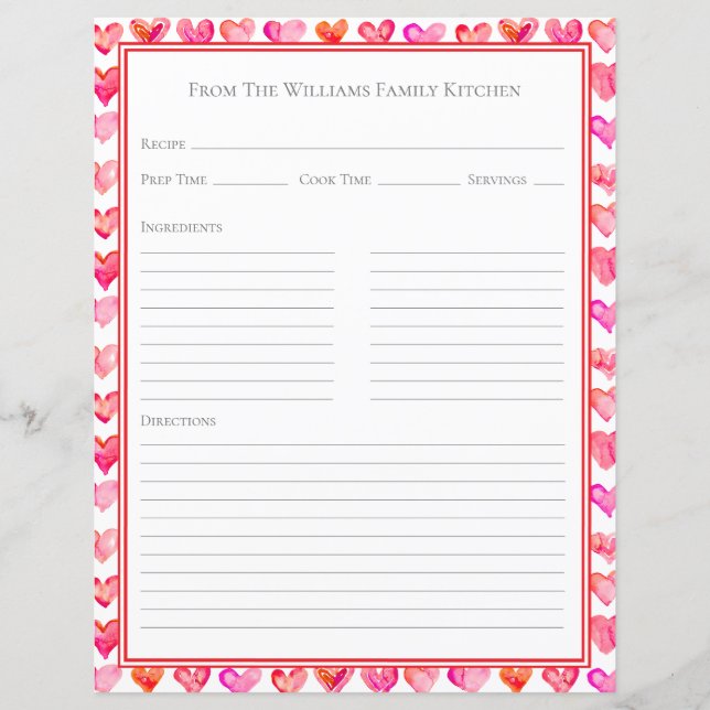 Watercolor Hearts Pink White Recipe Paper Sheet (Vorderseite)