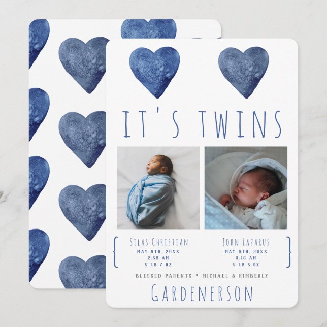 Watercolor Hearts Twins Boys Faire-part (Devant / Derrière)