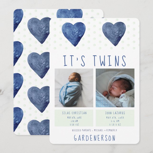 Watercolor Hearts Twins Boys Faire-part (Devant / Derrière)
