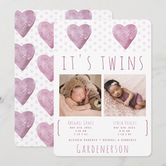 Watercolor Hearts Twins Girl Faire-part (Devant / Derrière)