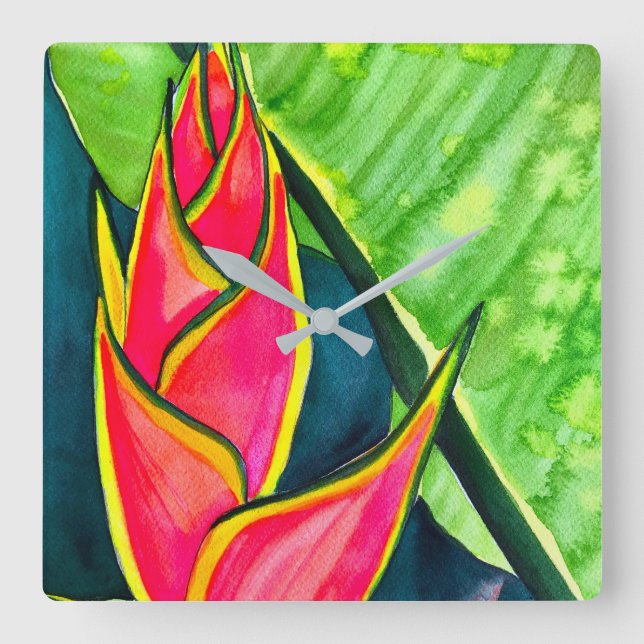 Watercolor Heliconia Tropical Blume Quadratische Wanduhr (Vorderseite)