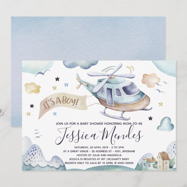 Watercolor Helicopter Baby Boy Dusche Einladung (Vorne/Hinten)