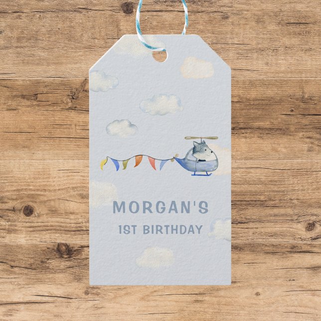 Watercolor Helicopter Blue First Birthday Gefallen Geschenkanhänger (Von Creator hochgeladen)