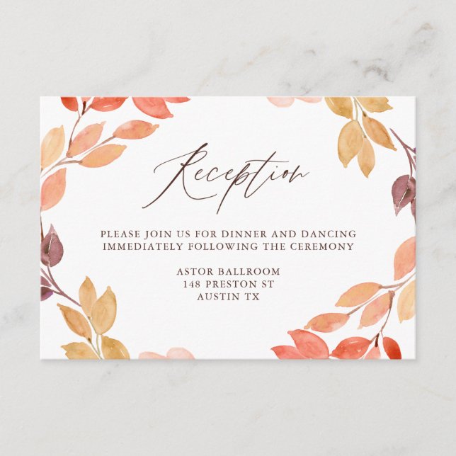 Watercolor Herbstblätterung Hochzeitsempfang Begleitkarte (Vorderseite)
