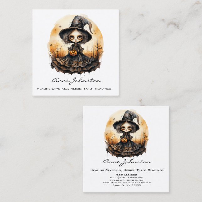 Watercolor Hexenpuppe Halloween Quadratische Visitenkarte (Vorne/Hinten)