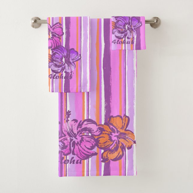 Watercolor-Hibiskus-hawaiischer Streifen - Badhandtuch Set (Insitu)