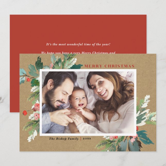 Watercolor Holdings Kraft Paper Christmas Foto (Vorne/Hinten)