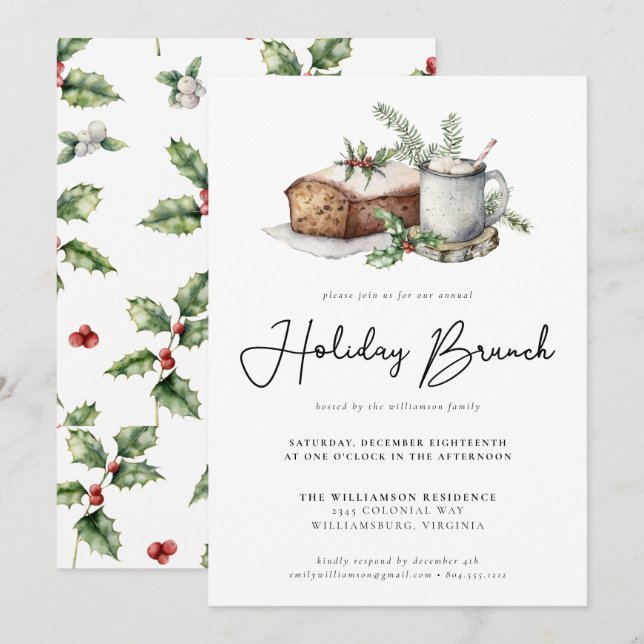 Watercolor Holiday Brunch Grün Holiday Brunch Einladung (Vorne/Hinten)