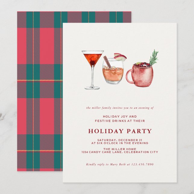 Watercolor Holiday Cocktail Noël Invitation de fêt (Devant / Derrière)