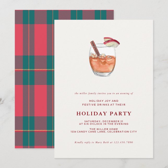 Watercolor Holiday Cocktail Noël Invitation de fêt (Devant / Derrière)