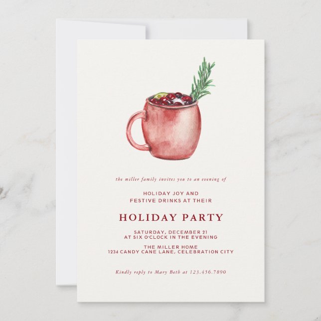 Watercolor Holiday Cocktail Weihnachten Party lade Einladung (Vorderseite)