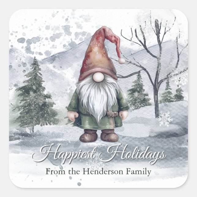 Watercolor Holiday Gnome Quadratischer Aufkleber (Vorderseite)