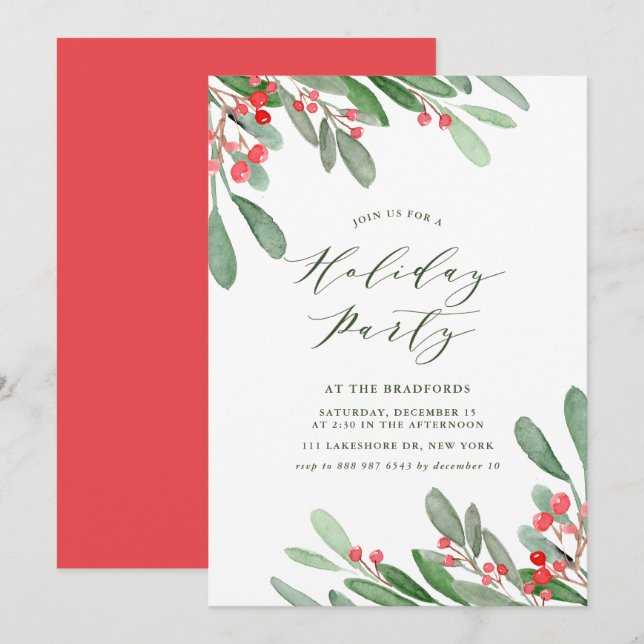 Watercolor Holly and Greenery Holiday Party Einladung (Vorne/Hinten)