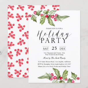 Watercolor Holly Beeren Branches Holiday Party Einladung