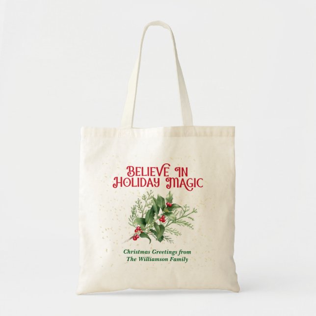Watercolor Holly Believe Holiday Magic Christmas Tragetasche (Vorne)