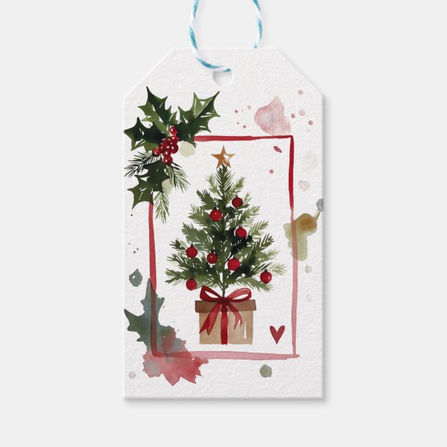 Watercolor Holly Berries Christmas Tree Holiday Geschenkanhänger (Vorderseite)