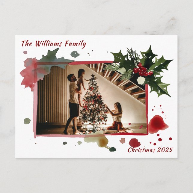 Watercolor Holly Berries Christmas Tree Holiday Postkarte (Vorderseite)