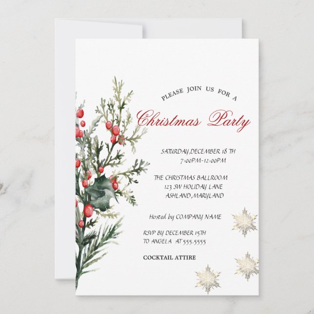 Watercolor Holly Berry Greenerity Company Weihnach Einladung (Vorderseite)