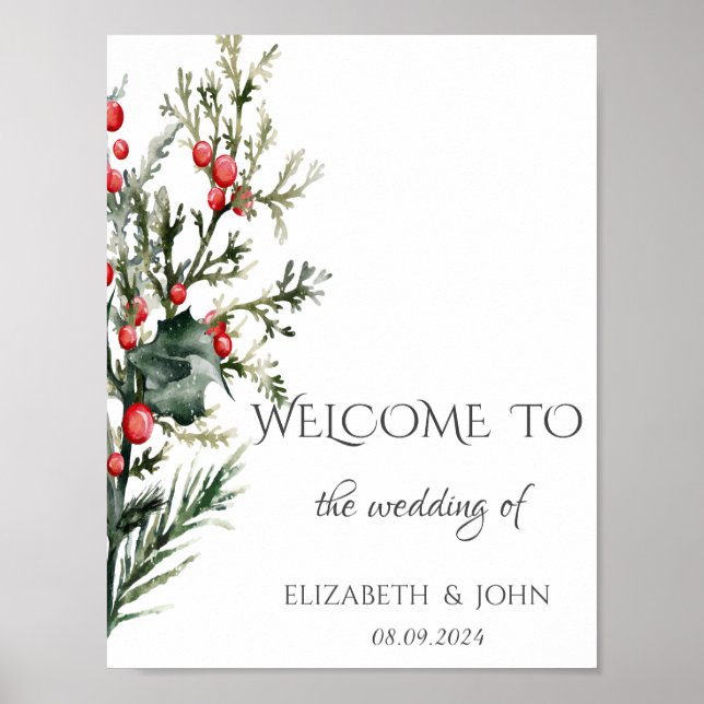 Watercolor Holly Berry Greenerity Wedding Poster (Vorne)
