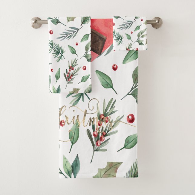 Watercolor Holly Berry Greenery Badhandtuch Set (Insitu)