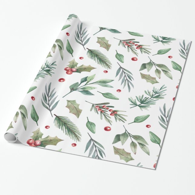 Watercolor Holly Berry Greenery Geschenkpapier (Ungerollt)