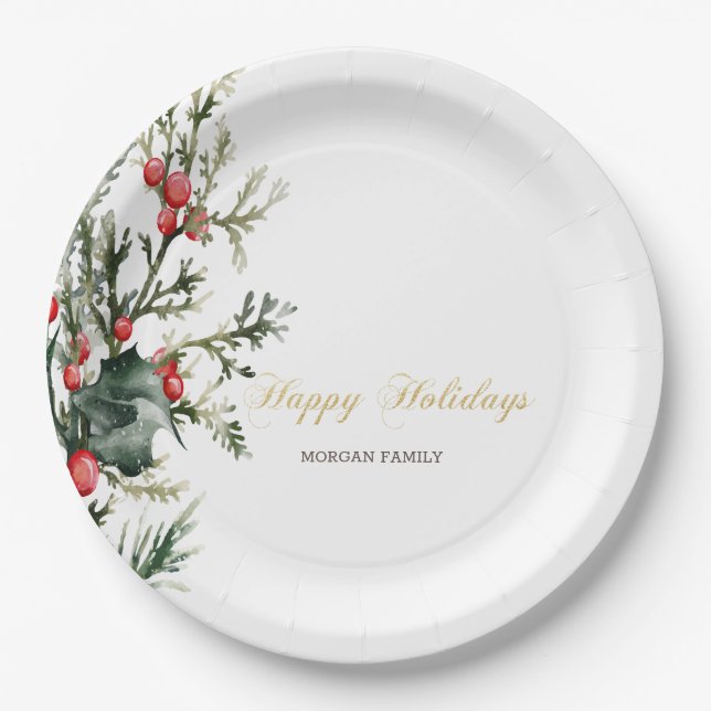 Watercolor Holly Berry Greenery Pappteller (Vorderseite)