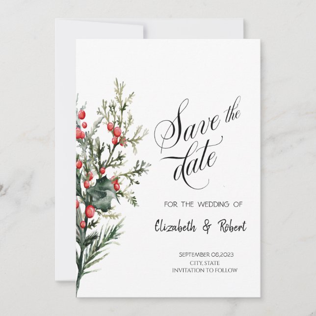 Watercolor Holly Berry Greenery Save the Date (Vorderseite)