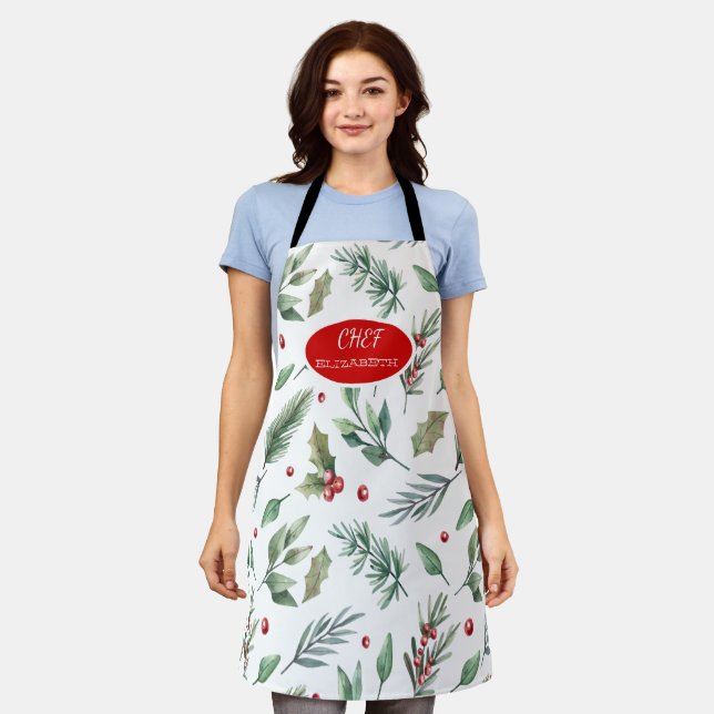 Watercolor Holly Berry Greenery Schürze (Getragen)