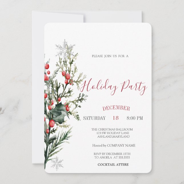 Watercolor Holly Berry Grüne Weihnachten Einladung (Vorderseite)