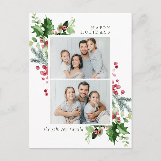 Watercolor Holly Berry Weihnachten 2 FOTO Gruß Postkarte (Vorderseite)