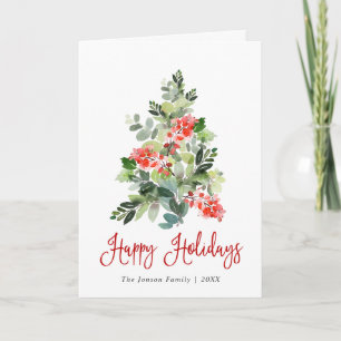 Watercolor Holly Berry Weihnachtsbaum Gruß Feiertagskarte