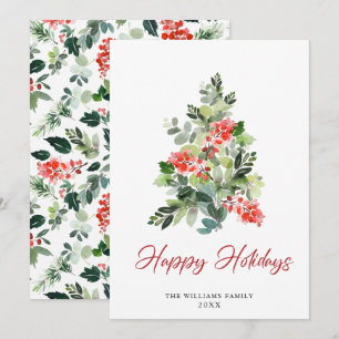 Watercolor Holly Berry Weihnachtsbaum Gruß Feiertagskarte