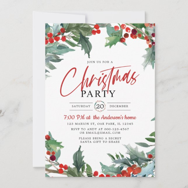 Watercolor Holly Berry Weihnachtsgrüße Party Einladung (Vorderseite)