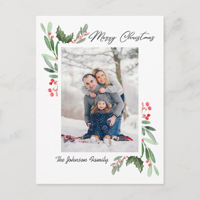 Watercolor Holly Berry Weihnachtsgrüßen FOTO Gruß Postkarte (Vorderseite)