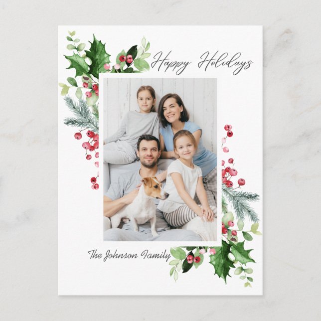 Watercolor Holly Berry Weihnachtsgrüßen FOTO Gruß Postkarte (Vorderseite)