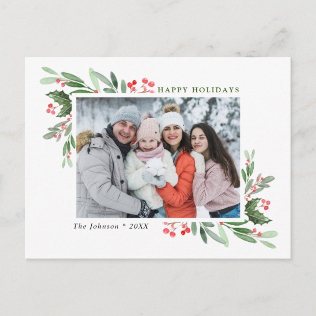 Watercolor Holly Berry Weihnachtsgrüßen FOTO Gruß Postkarte (Vorderseite)