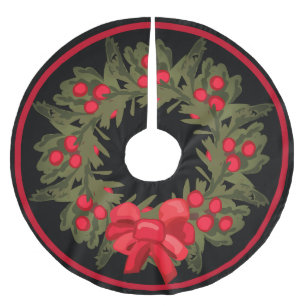 Watercolor Holly Berry Wreath & Red Ribbon Polyester Weihnachtsbaumdecke